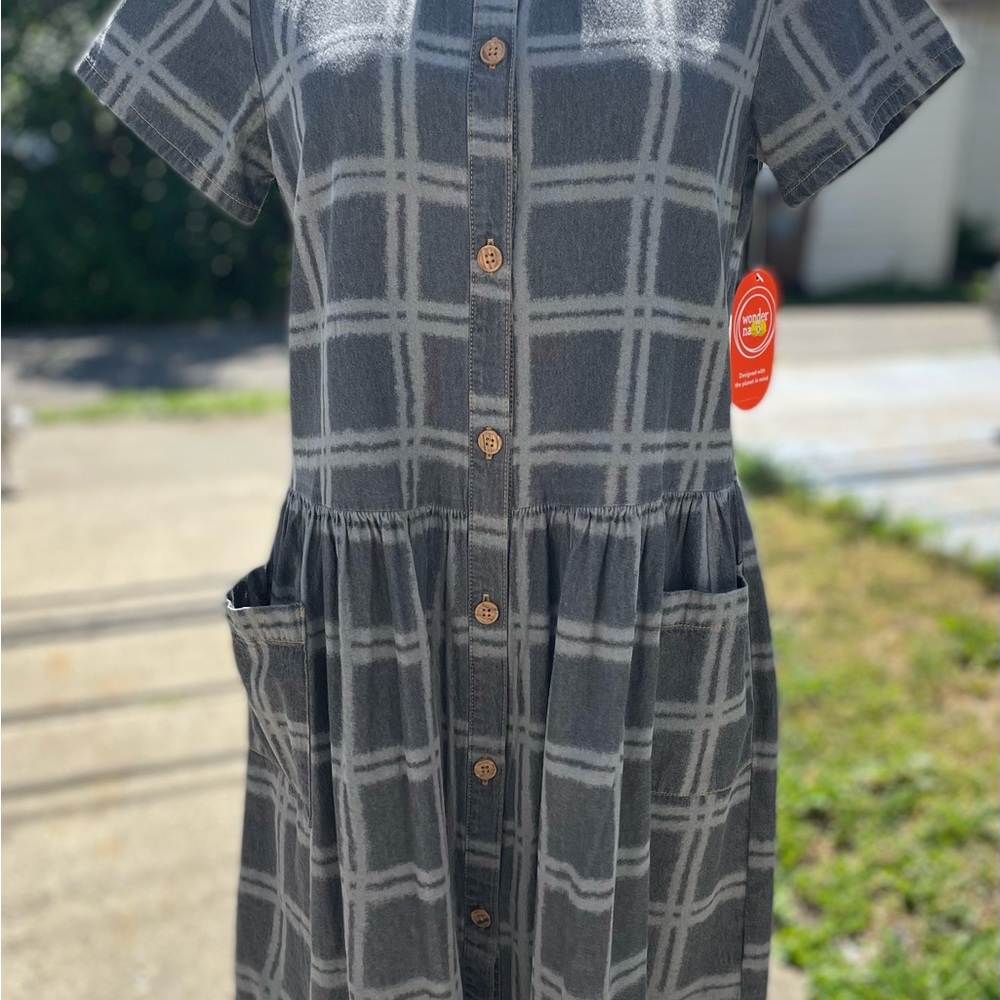 Girls cotton checkered denim gray button down midi dress pockets buttons